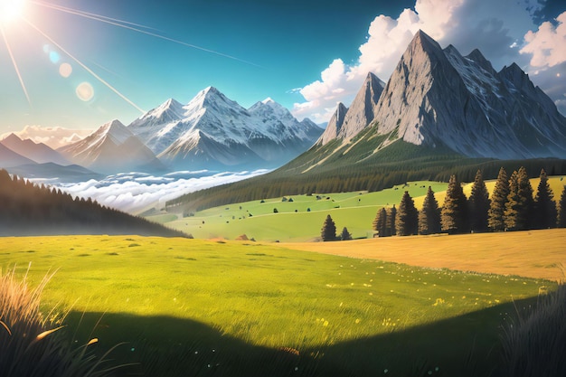 a grassy field with mountains in the background