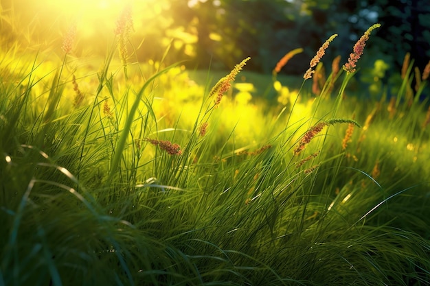 A grassy field with sun rays behind it Generative AI