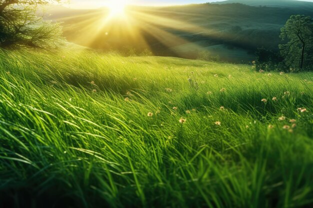 A grassy field with sun rays behind it Generative AI