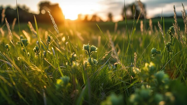 A grassy field with sun rays passing through it bokeh lights