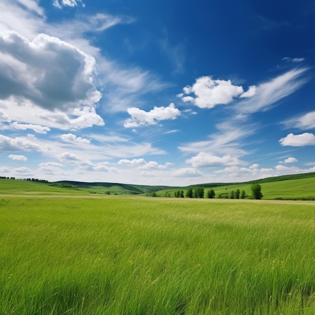 Grassy field with trees and blue sky in the background generative ai