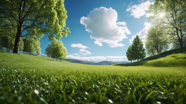 Grassy Field With Trees and Clouds Generative AI