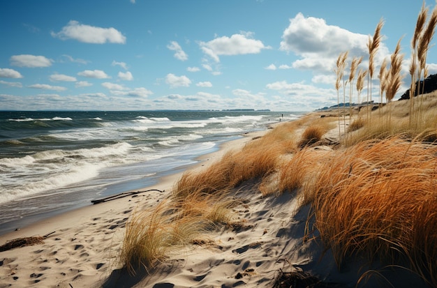 Foto erba erbosa sulla spiaggia accanto all'oceano e una spiaggia generativa ai