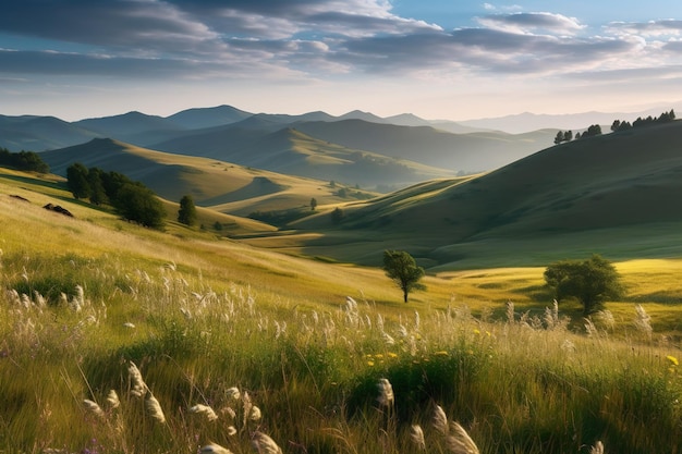 Grassy hills and meadows on rolling hills