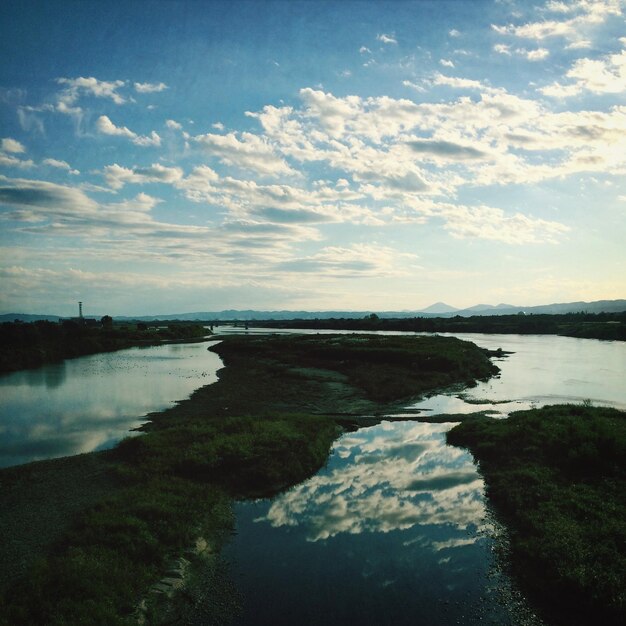 Photo grassy land and lake against sky