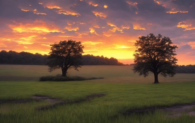 木と雨雲と美しい夕日のある草が茂った風景