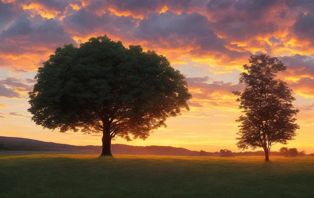 Grassy landscape with a tree and raincloud with a beautiful sunset