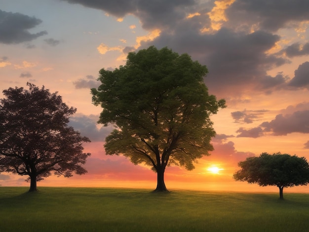 Foto paesaggio erboso con un albero e una nuvola di pioggia con un bellissimo tramonto