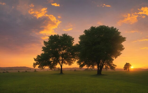 木と雨雲と美しい夕日のある草が茂った風景