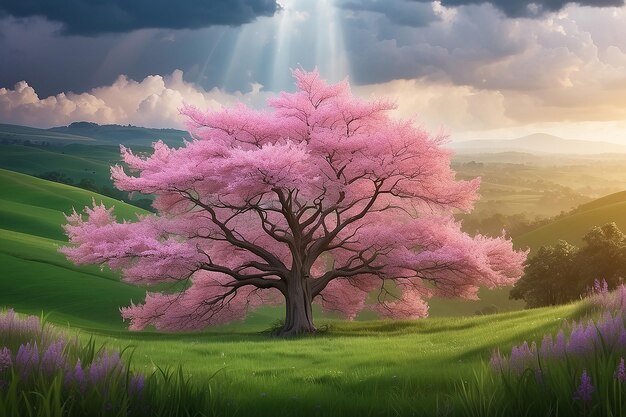 Foto paesaggio erboso con un albero e una nuvola di pioggia