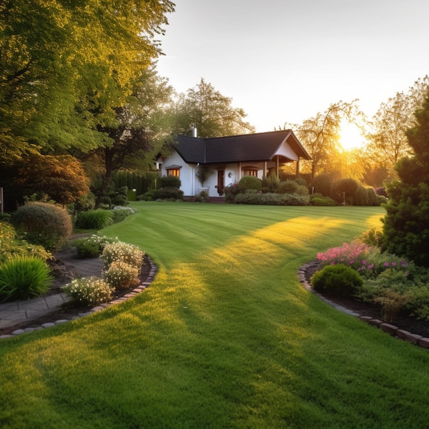 Grassy lawn with a house and trees in the background generative ai