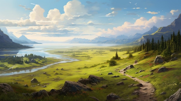 Grassy Trail And Valley A Concept Art Painting With Soft And Romantic Scenes