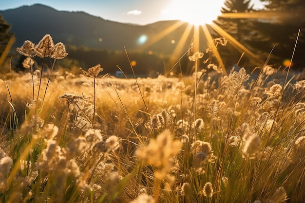 Grasveld met de zon die door de wolken schijnt