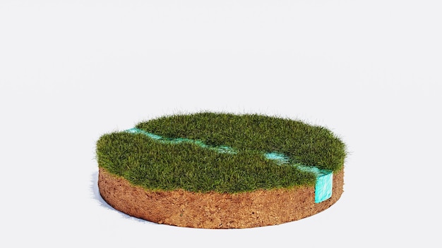 Grasveld met een rivier-weggesneden podium, weergave van het product van de aardedwarsdoorsnede, 3d render