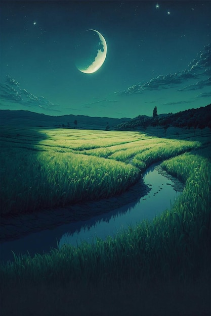 Grasveld 's nachts met de maan aan de hemel generatieve ai