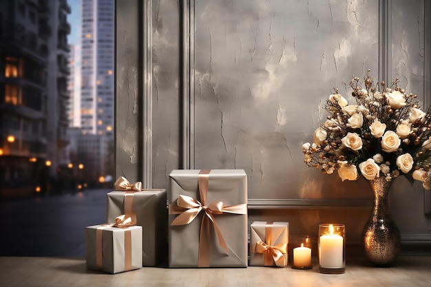 Grat gift boxes with beige bows roses and candles in interior Generative AI