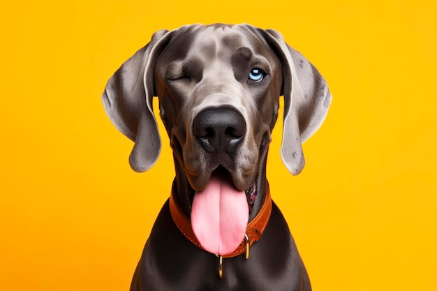 Grate Dane Dog winking and sticking out tongue on solid color bright background