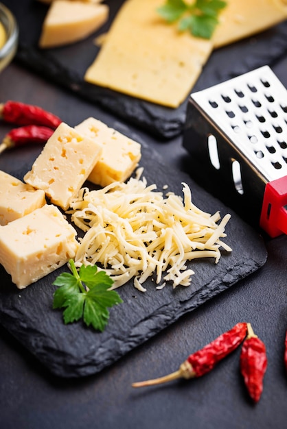 Grated cheese on slate board