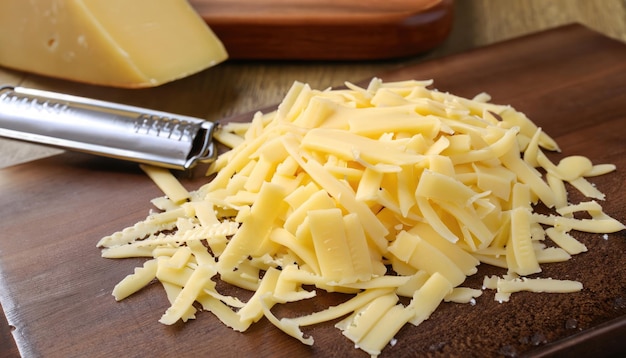 Photo grated slices of emmental on chopping board over the table