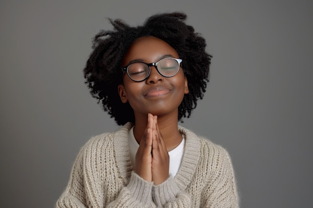 Grateful African American girl with closed eyes and smile