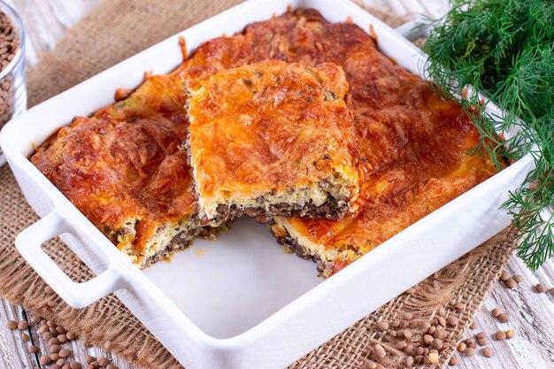 Gratin with lentils and cheese. Simple healthy food