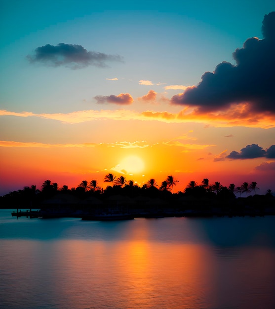 Gratis AI gegenereerde foto Zonsondergangzeegezicht met palmeiland