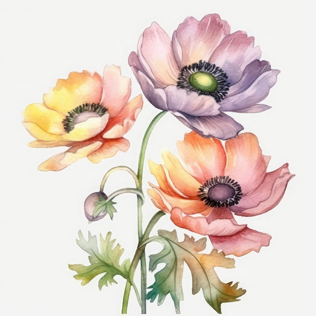 Gratis anemonen bloemen aquarel pastel witte achtergrond gegenereerd ai