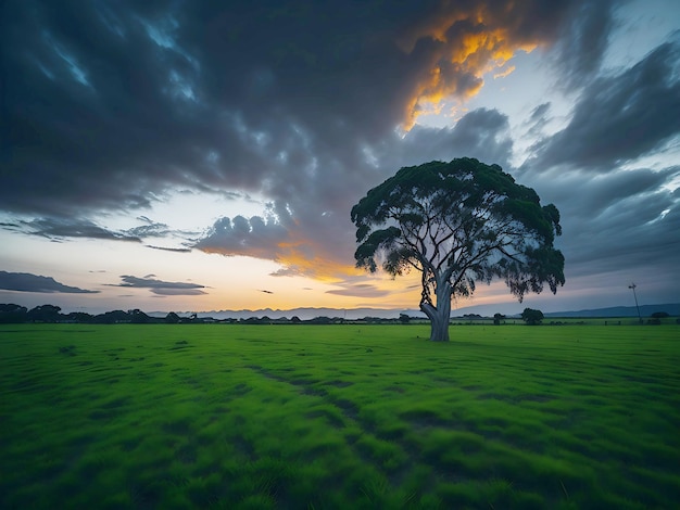Gratis breedhoekfoto van een enkele boom die groeit onder een bewolkte lucht tijdens een zonsondergang omringd door gras