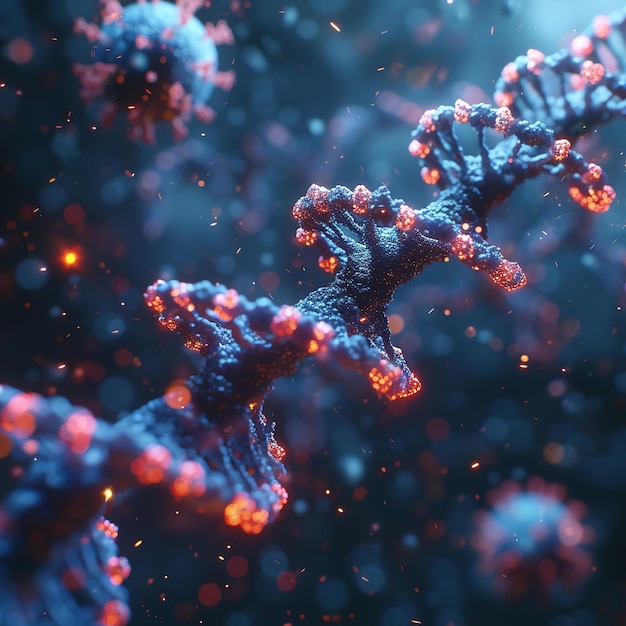 Gratis foto 3D medische achtergrond met viruscellen en DNA-strengen
