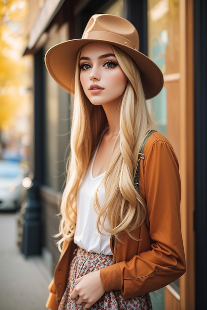 Gratis foto buiten mode positief portret van stijlvolle hipster meisje lange blonde haren vintage hoed