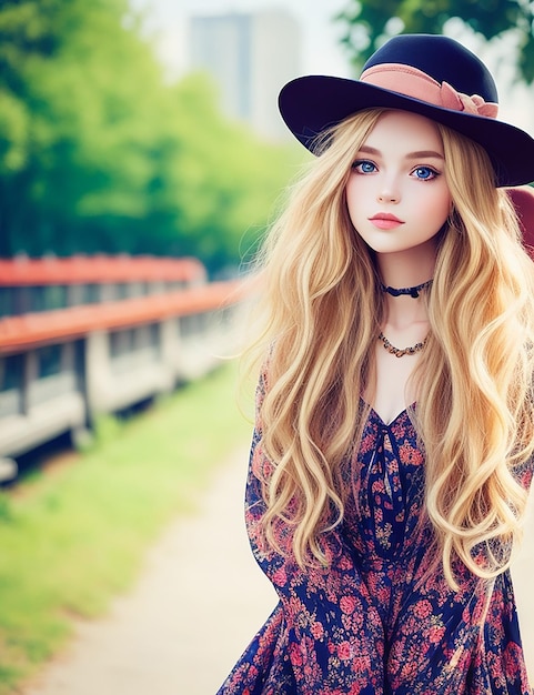 Gratis foto buiten mode positief portret van stijlvolle hipster meisje lange blonde haren vintage hoed