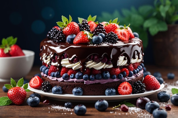 Gratis foto chocoladetaart versierd met bosvruchten, bosbessen, aardbeien en bramen ai
