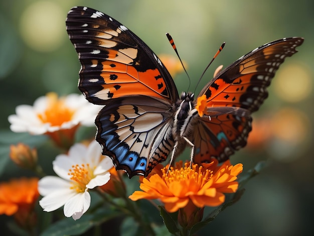 Gratis foto close-up shot van een prachtige vlinder met interessante texturen op een oranje bloem