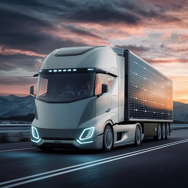 Gratis foto concept truck met autonome rijmogelijkheden met een slanke gestroomlijnde carrosserie en