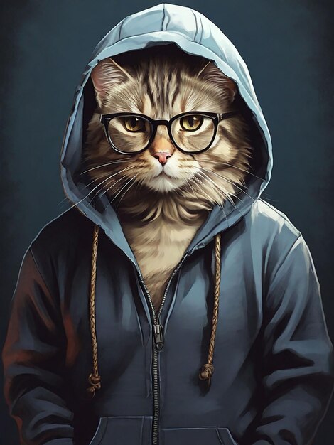 Gratis foto een chique kat in een hoodie en bril t-shirt ontwerp