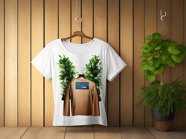 Gratis foto grafische t-shirt trendy design mockup gepresenteerd op houten hanger