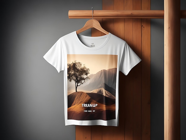 Gratis foto grafische t-shirt trendy design mockup gepresenteerd op houten hanger