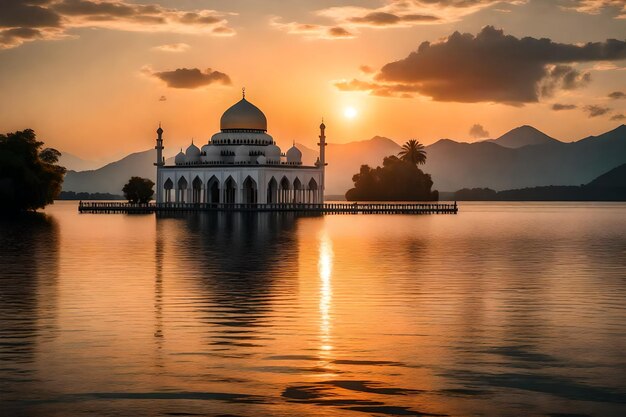 Gratis foto gratis foto ramadan kareem eid mubarak koninklijke elegante lamp met moskee heilige poort met vuur