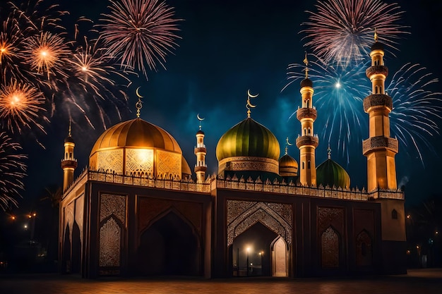 Gratis foto gratis foto ramadan kareem eid mubarak koninklijke elegante lamp met moskee heilige poort met vuur