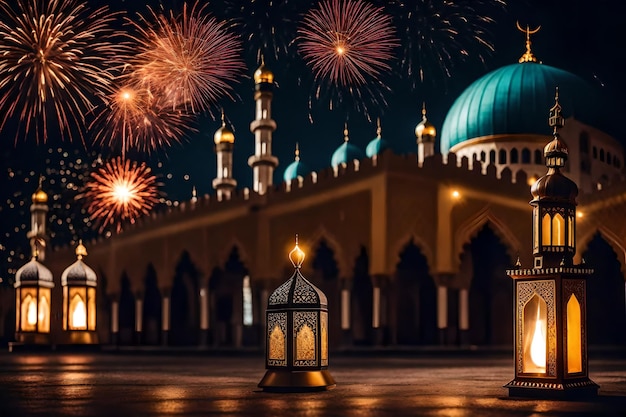 Gratis foto gratis foto ramadan kareem eid mubarak koninklijke elegante lamp met moskee heilige poort met vuur