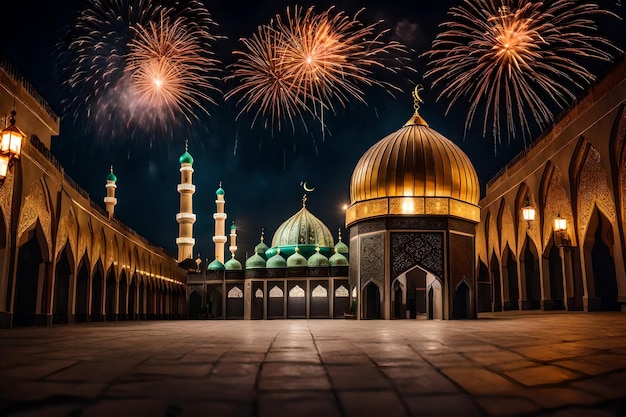 Gratis foto gratis foto ramadan kareem eid mubarak koninklijke elegante lamp met moskee heilige poort met vuur