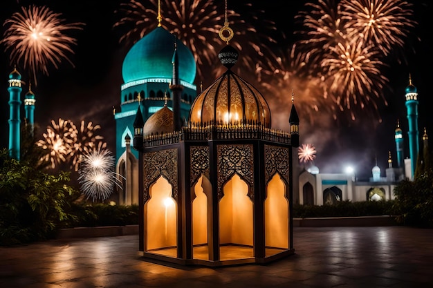 Gratis foto gratis foto ramadan kareem eid mubarak koninklijke elegante lamp met moskee heilige poort met vuur