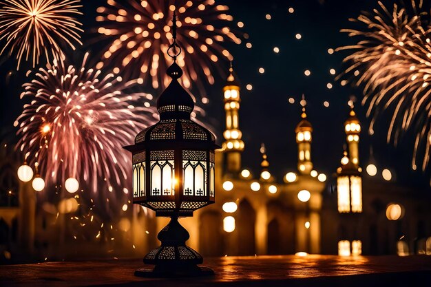 Gratis foto gratis foto ramadan kareem eid mubarak koninklijke elegante lamp met moskee heilige poort met vuur