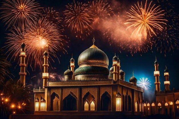Foto gratis foto gratis foto ramadan kareem eid mubarak koninklijke elegante lamp met moskee heilige poort met vuur