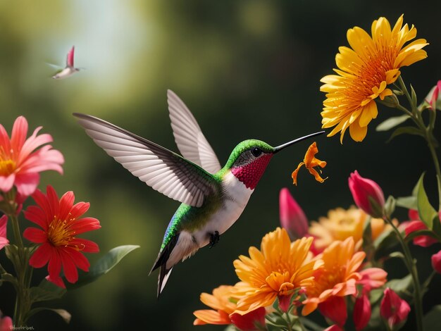 Gratis foto groene en grijze kolibrie die over gele bloemen vliegt