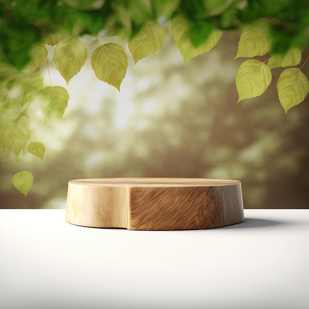 Gratis foto houten product display podium met wazige natuur laat achtergrond generatieve ai achter