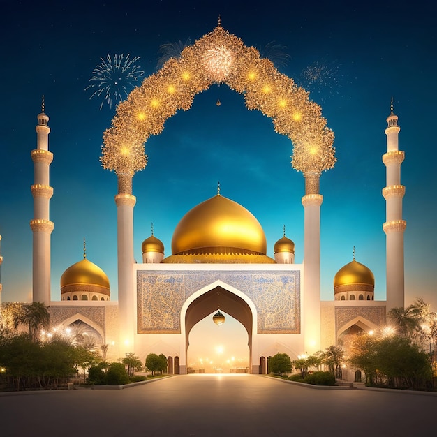 Gratis foto islamitisch nieuwjaar ramadan kareem koninklijke elegante lamp en moskee heilige poort met vuurwerk