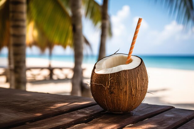 Gratis foto kokoscocktail met rietje op een palmboom in de strandfotografie