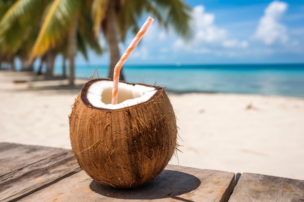 Gratis foto kokoscocktail met rietje op een palmboom in de strandfotografie