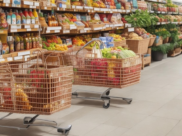 Gratis foto Leeg winkelwagentje met wazig gangpad van de supermarkt en productschappen